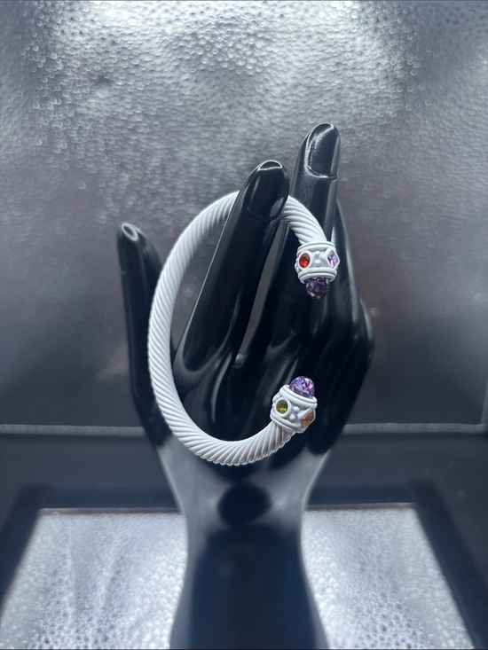 Jewelry - White Amethyst Twisted Cable Open Cuff Bracelet with Multicolor Gem End Caps